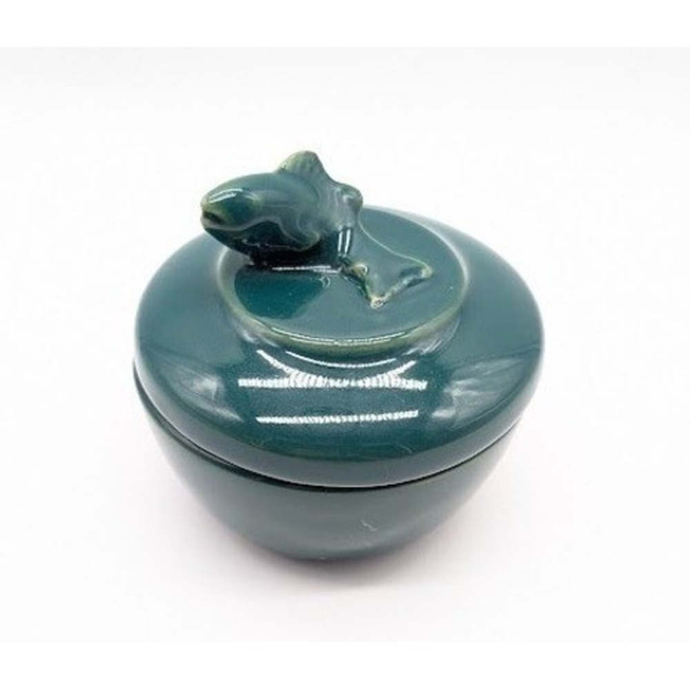 Vintage Roe Pottery Ceramic Fish Lidded Trinket 3.5" Box Glazed Coastal Beachy